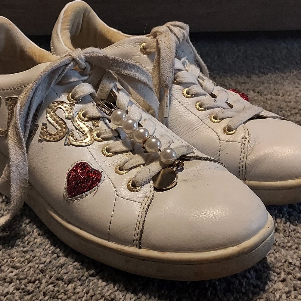 Guess White and Gold Sneakers with Red Heart